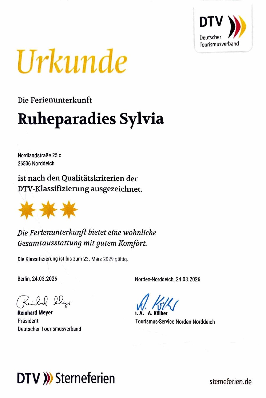 DTV-Klassifizierungs-Urkunde Ruheparadies Sylvia &ndash; 3 Sterne, g&uuml;ltig bis M&auml;rz 2029